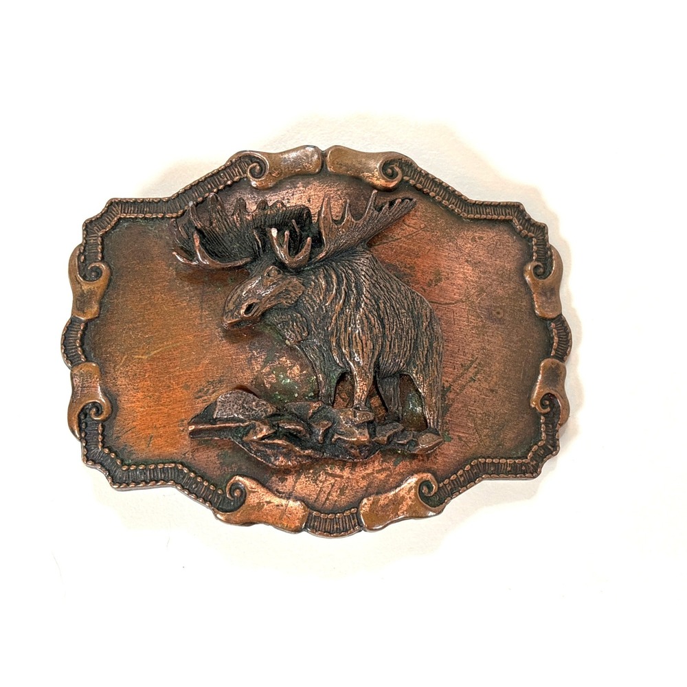 Vintage 1980 Bergamot Brass Works Bull Moose Belt Buckle Copper Tone 3D Relief